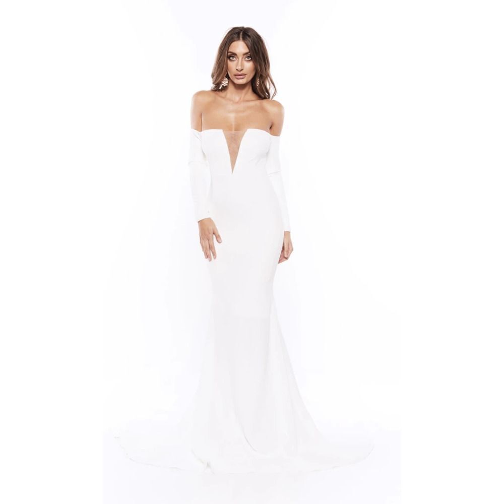 Alamour Alexiya White Crepe Gown Dress SZ M